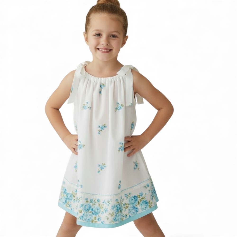 Girls Dress from VTG Pillowcase feature‎ White and Blue Floral Tie Straps 5T